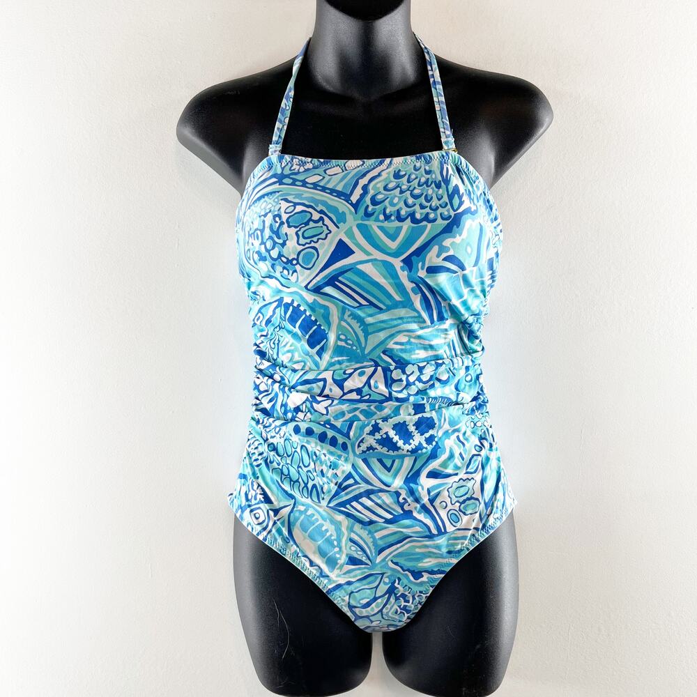 Helen Jon Removable Halter Strapless One Piece Ruched Bathing Suit Blue Grotto